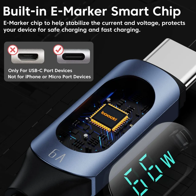 Alt view image 4 of 7 - USB C to USB C Cable 100W with LED Wattage Display, 6.6FT, Blue | 5A Fast Charging Cord, E-Marker, 480Mbps Data, for MacBook Pro/Air, iPhone 18 Pro/17/16, iPad Pro, Galaxy S25