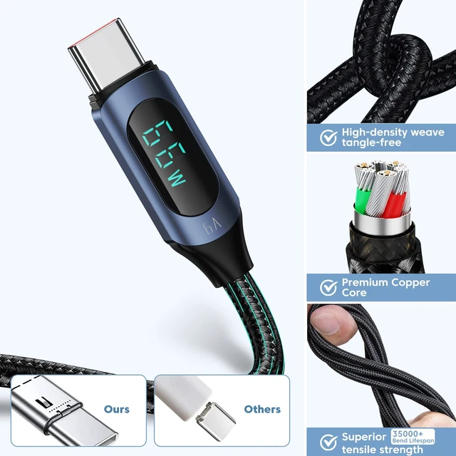 Alt view image 5 of 7 - USB C to USB C Cable 100W with LED Wattage Display, 6.6FT, Blue | 5A Fast Charging Cord, E-Marker, 480Mbps Data, for MacBook Pro/Air, iPhone 18 Pro/17/16, iPad Pro, Galaxy S25