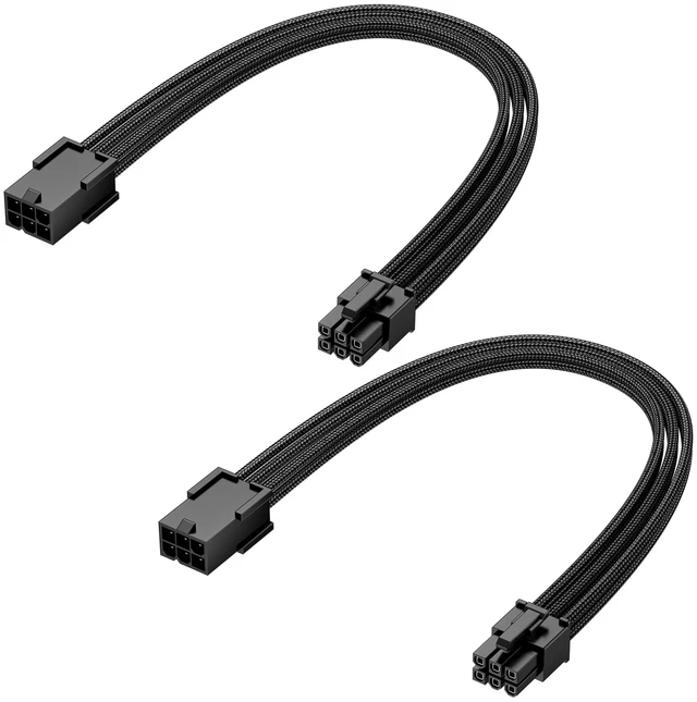 Main image of 2-Pack 6-Pin PCIe Extension Cable, 10 Inches | GPU Power Extension, 6-Pin PCIe Female to Male, Braided Design, Locking Latch