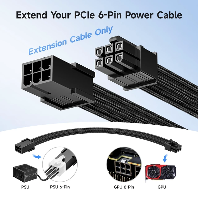 Alt view image 3 of 6 - 2-Pack 6-Pin PCIe Extension Cable, 10 Inches | GPU Power Extension, 6-Pin PCIe Female to Male, Braided Design, Locking Latch