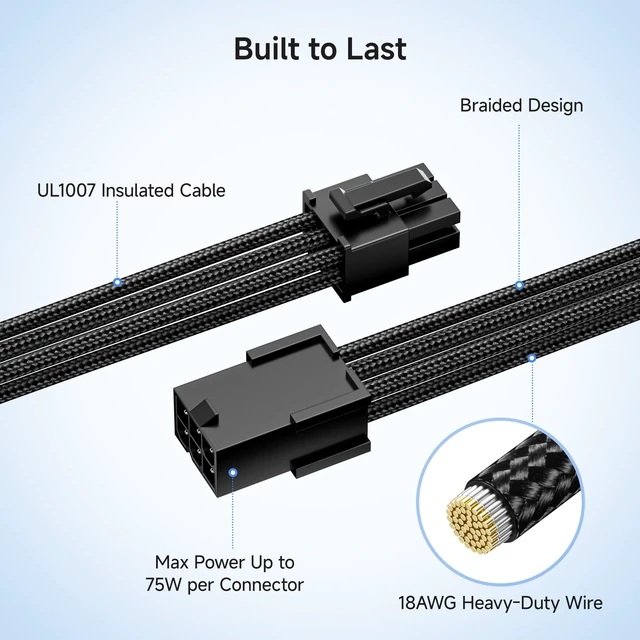 Alt view image 4 of 6 - 2-Pack 6-Pin PCIe Extension Cable, 10 Inches | GPU Power Extension, 6-Pin PCIe Female to Male, Braided Design, Locking Latch
