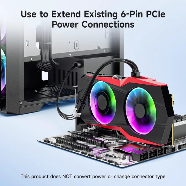 Alt view image 5 of 6 - 2-Pack 6-Pin PCIe Extension Cable, 10 Inches | GPU Power Extension, 6-Pin PCIe Female to Male, Braided Design, Locking Latch