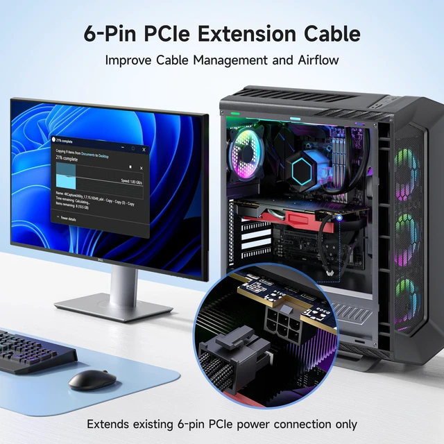 Alt view image 2 of 6 - 2-Pack 6-Pin PCIe Extension Cable, 10 Inches | GPU Power Extension, 6-Pin PCIe Female to Male, Braided Design, Locking Latch