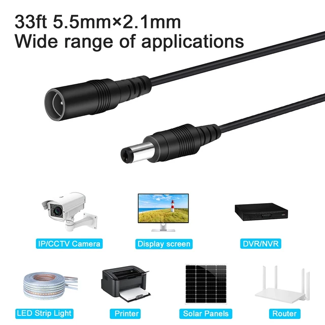 Alt view image 6 of 7 - DC Power Extension Cable 33ft, 2.1mm x 5.5mm Plug Compatible with 12V DC Adapter Cord for CCTV Security Camera, IP Camera, Standalone DVR (33ft Black)