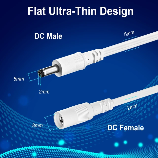Alt view image 2 of 7 - 10FT DC Power Extension Cable, Flat IP Camera 12V 5.5mm x 2.1mm Power Cord | with 25 Nails, 20AWG Pure Copper, UV Resistant, for Security Camera CCTV IP, 5V 9V 12V 24V