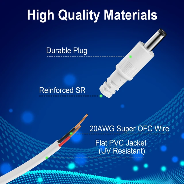 Alt view image 6 of 7 - 10FT DC Power Extension Cable, Flat IP Camera 12V 5.5mm x 2.1mm Power Cord | with 25 Nails, 20AWG Pure Copper, UV Resistant, for Security Camera CCTV IP, 5V 9V 12V 24V