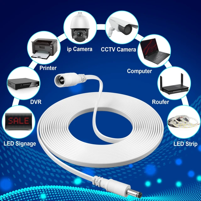 Alt view image 7 of 7 - 10FT DC Power Extension Cable, Flat IP Camera 12V 5.5mm x 2.1mm Power Cord | with 25 Nails, 20AWG Pure Copper, UV Resistant, for Security Camera CCTV IP, 5V 9V 12V 24V