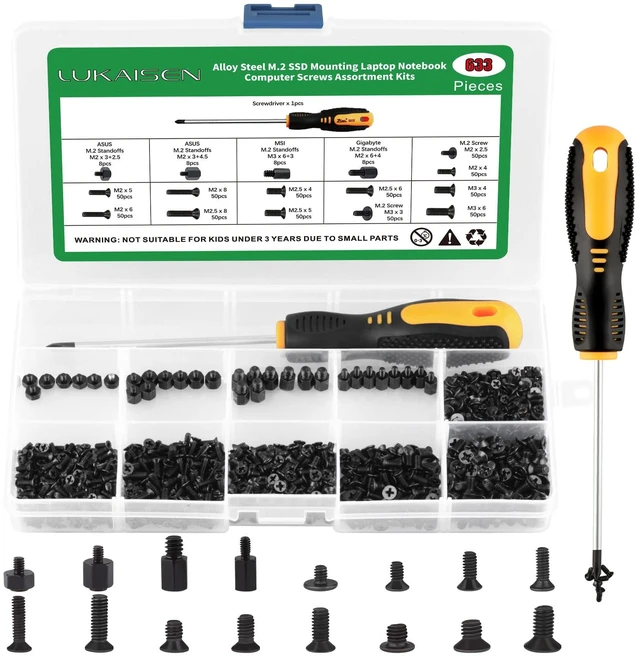 Main image of 633Pcs M.2 NVMe SSD Screw Kit, Motherboard Standoffs Screws Set | Asus Gigabyte MSI MB Compatible IBM HP Dell Laptop Replacement Screws Set (M2 M2.5 M3) w/ Magnetic CRV Screwdriver PC Repair