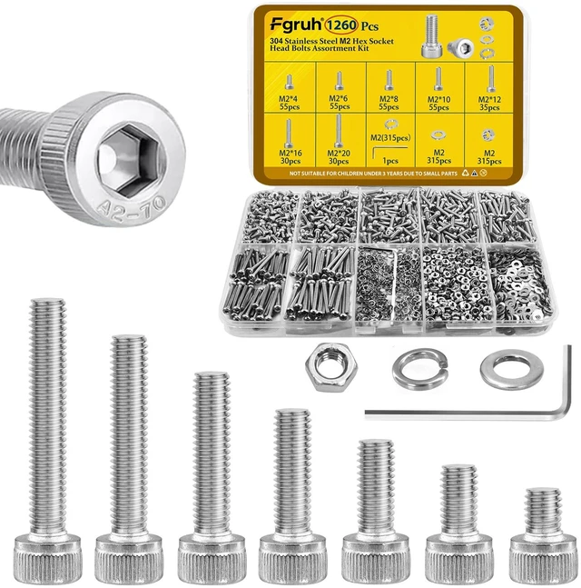 Main image of 1260PCS M2 Socket Head Screws Assortment Kit, M2x4/6/8/10/12/16/20 mm | M2-0.4 Hex Socket Cap Head Bolts Nuts Washers Assorted Set, Metric 2mm Screws Hardware Kit for 3D Print, 304 Stainless Steel