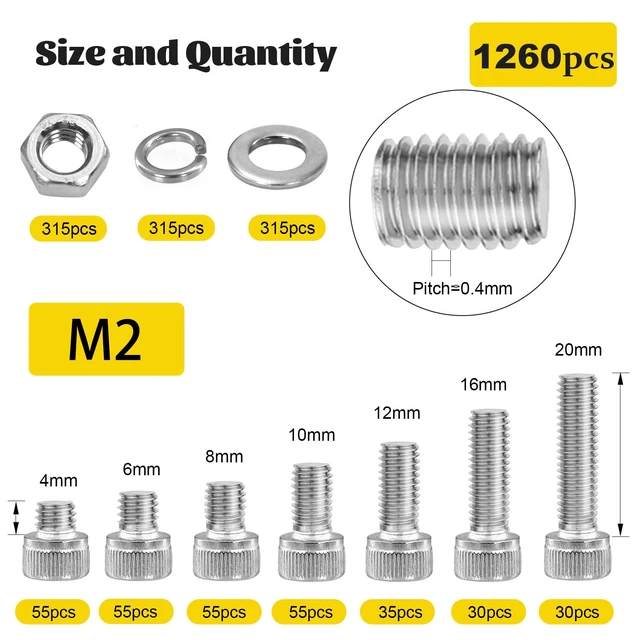 Alt view image 2 of 7 - 1260PCS M2 Socket Head Screws Assortment Kit, M2x4/6/8/10/12/16/20 mm | M2-0.4 Hex Socket Cap Head Bolts Nuts Washers Assorted Set, Metric 2mm Screws Hardware Kit for 3D Print, 304 Stainless Steel