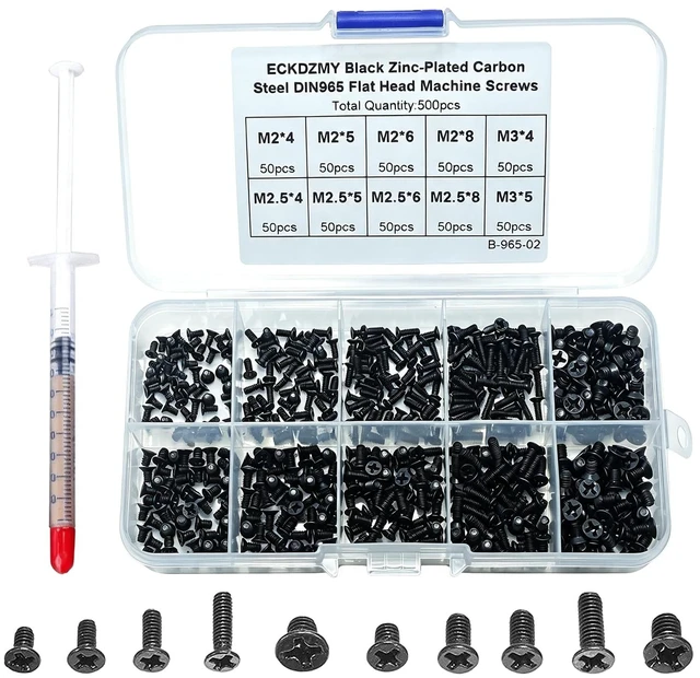 Main image of Laptop Repair Screw Kit 500PCS M2 M2.5 M3 Flat Head Machine Screws | Black Zinc Plated Machine Screws includes 1g Gold Thermal Grease for Laptop SSD Motherboard Electronics Repair