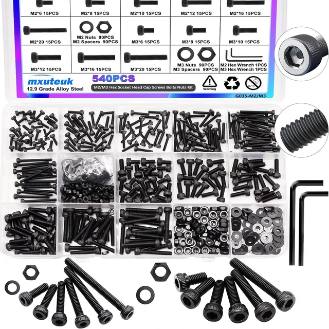 Main image of 540PCS M2 M3 Metric Screws Assortment Set Suitable for 3D Printer DIY,Hex Socket Head Cap Screws Bolts Nuts Kit,12.9 Grade Alloy Steel Black Zinc Plated Assorted Screws with Hex Wrench