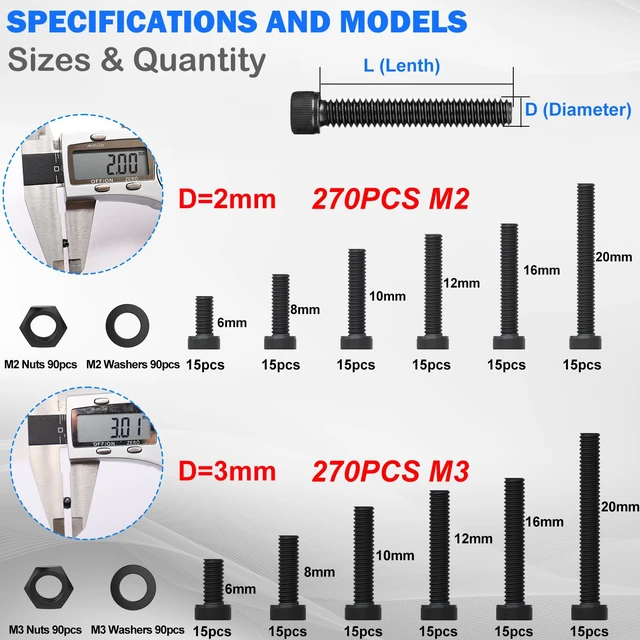 Alt view image 2 of 6 - 540PCS M2 M3 Metric Screws Assortment Set Suitable for 3D Printer DIY,Hex Socket Head Cap Screws Bolts Nuts Kit,12.9 Grade Alloy Steel Black Zinc Plated Assorted Screws with Hex Wrench