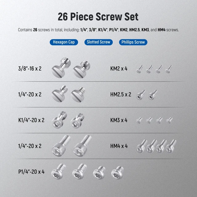 Alt view image 2 of 7 - 26PCS Camera Screw Set for Photography Equipment, UA002 | 1/4" 3/8" M2 M2.5 M3 and M4 Screws, Compatible with SmallRig NEEWER Camera Cage, Top Handle, Side Handgrip, Tripod QR Plate