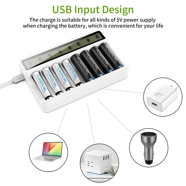 Alt view image 6 of 7 - 8 Bay AA AAA Battery Charger with LCD Display (USB Quick Charging, Independent Slot) for Ni-MH Ni-CD Rechargeable Batteries
