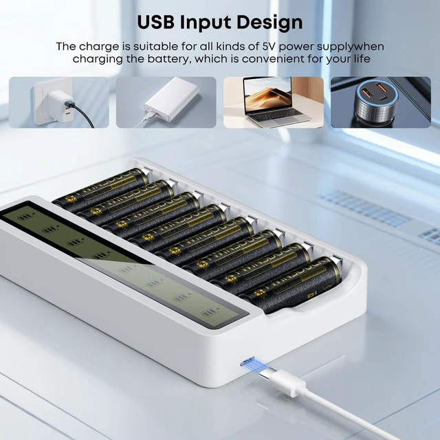 Alt view image 4 of 7 - 8 Bay Battery Charger AA AAA with LCD Display for NiMH Batteries | Real-time LCD Monitoring, Independent Channels, Advanced Safety Auto-Cutoff, Micro USB Powered