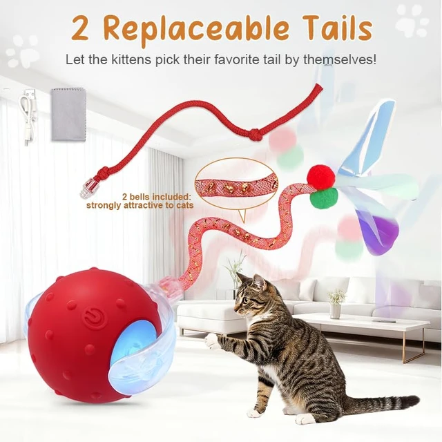 Alt view image 3 of 7 - Interactive Cat Ball Toy, Motion Activated Electric Rechargeable Cat Toy | Interactive Mode, Fast&Slow Mode, Standby Mode Save Power, 2 Tails, Chirping, Self Play Toy for Bored Indoor Cats & Kittens