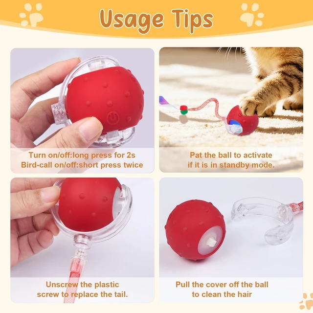 Alt view image 7 of 7 - Interactive Cat Ball Toy, Motion Activated Electric Rechargeable Cat Toy | Interactive Mode, Fast&Slow Mode, Standby Mode Save Power, 2 Tails, Chirping, Self Play Toy for Bored Indoor Cats & Kittens