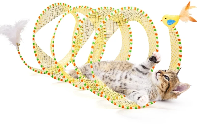 Main image of Spiral Tunnel Cat Toy, Self Play Collapsible Spring Kitten Tunnel | For Indoor Cats, with Feather and Bell, 20 Inches Unfolded