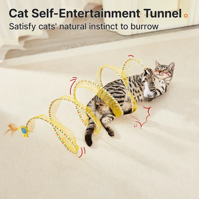 Alt view image 2 of 6 - Spiral Tunnel Cat Toy, Self Play Collapsible Spring Kitten Tunnel | For Indoor Cats, with Feather and Bell, 20 Inches Unfolded