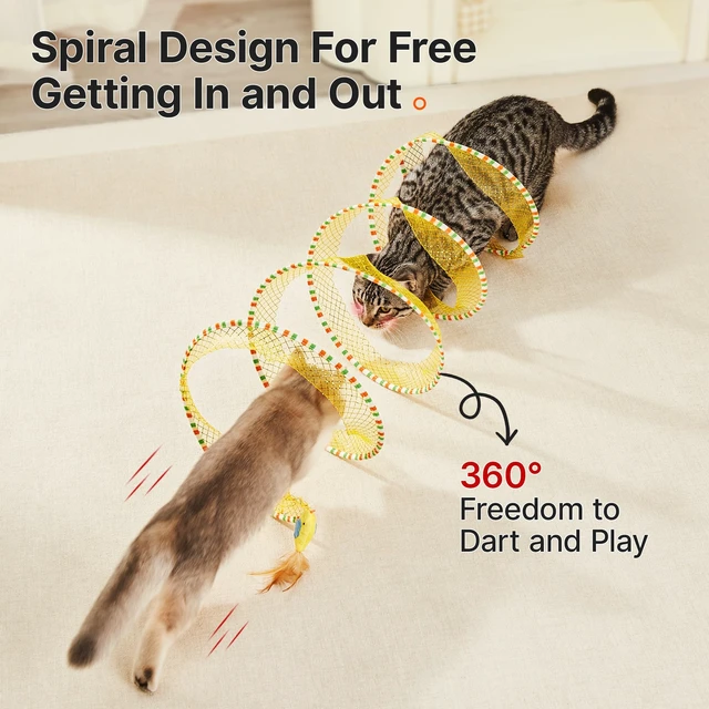 Alt view image 3 of 6 - Spiral Tunnel Cat Toy, Self Play Collapsible Spring Kitten Tunnel | For Indoor Cats, with Feather and Bell, 20 Inches Unfolded