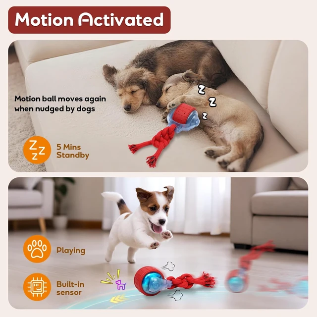 Alt view image 4 of 7 - Dog Toys Interactive Rolling Ball with Rope, Motion-Activated | Squeaker dog ball Zig-Zag moving and rolling rechargeable dog ball release pressure dog exercise perfect for small puppies
