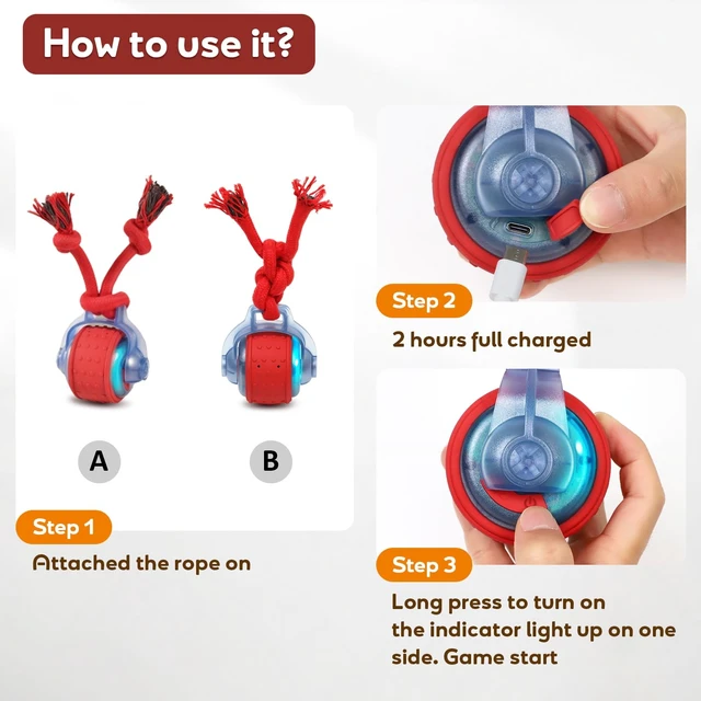 Alt view image 6 of 7 - Dog Toys Interactive Rolling Ball with Rope, Motion-Activated | Squeaker dog ball Zig-Zag moving and rolling rechargeable dog ball release pressure dog exercise perfect for small puppies