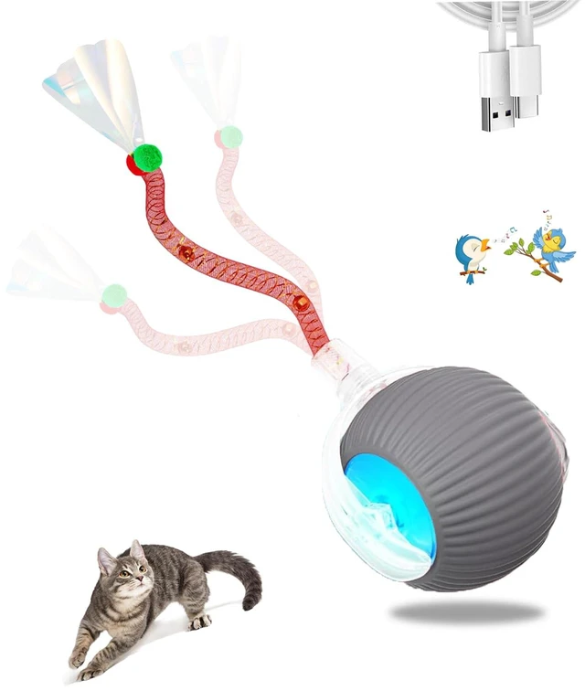 Main image of 1PC Interactive Cat Toys for Indoor Cats,2025 New Generation Interactive Cat Ball Toy with Elastic Mesh Tail,Automatic Cat/Kitten Toys with Chirping & Motion Activate,Cat Toys for Bored Indoor,Gray