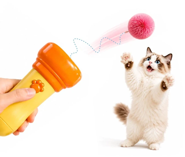 Main image of Cat Fetch Toy Launcher with Fuzzy Ball with Retractable Rope and Fuzzy Ball, Interactive Cat Toys for Indoor Cats, Enrichment Toy(Without Battery)
