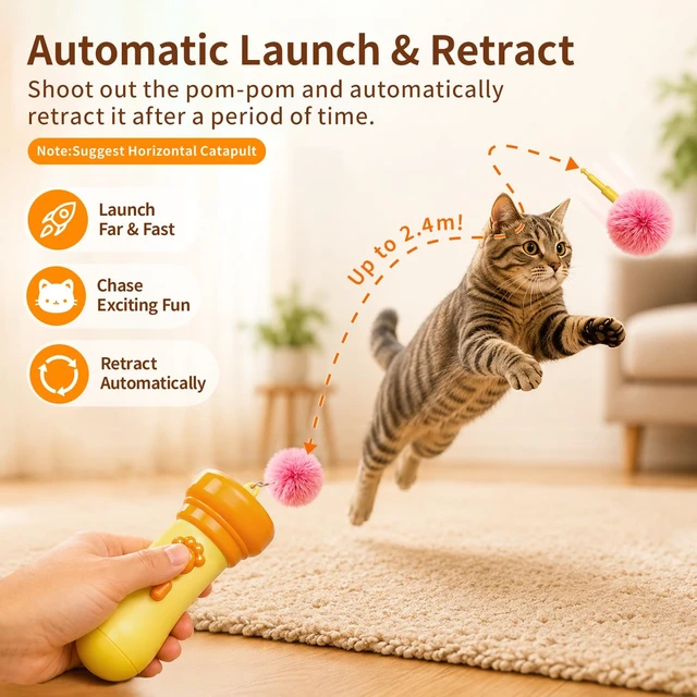 Alt view image 2 of 7 - Cat Fetch Toy Launcher with Fuzzy Ball with Retractable Rope and Fuzzy Ball, Interactive Cat Toys for Indoor Cats, Enrichment Toy(Without Battery)