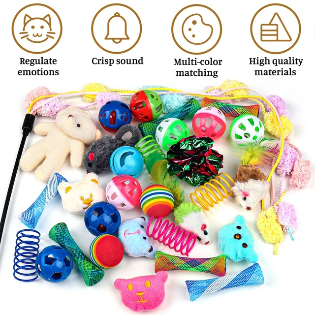 Alt view image 3 of 7 - 30 Pcs Cat Toy Kitten Toys Set, Interactive Cat Toy Wand Cat Springs Ball Toy with Bells, Cat Toys for Bored Indoor Cats, Gift Box Styles