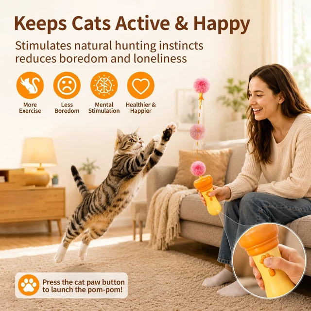 Alt view image 3 of 7 - Cat Fetch Toy Launcher with Fuzzy Ball with Retractable Rope and Fuzzy Ball, Interactive Cat Toys for Indoor Cats, Enrichment Toy(Without Battery)