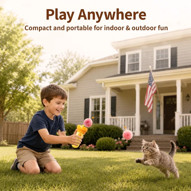 Alt view image 7 of 7 - Cat Fetch Toy Launcher with Fuzzy Ball with Retractable Rope and Fuzzy Ball, Interactive Cat Toys for Indoor Cats, Enrichment Toy(Without Battery)