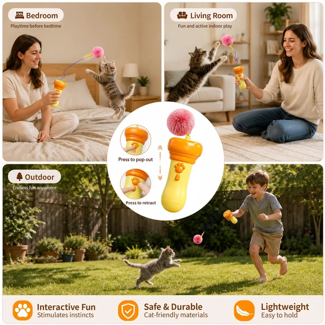 Alt view image 6 of 7 - Cat Fetch Toy Launcher with Fuzzy Ball with Retractable Rope and Fuzzy Ball, Interactive Cat Toys for Indoor Cats, Enrichment Toy(Without Battery)