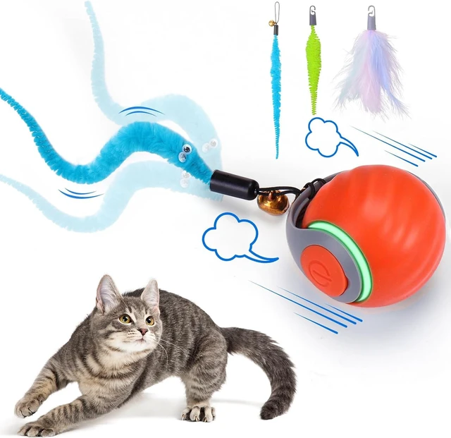 Alt view image 2 of 6 - Interactive Automatic Pet Ball Toy for Cats & Small Dogs USB-C Rechargeable, 3 Tails, 2 Speed Modes for Endless Play (Orange, Small)