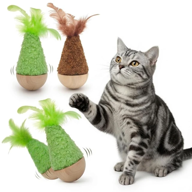 Main image of 2 Pack Cat Feather Toys Wooden Tumbler - Interactive Wobble Self-Righting Plush Stuffed Toys for Indoor Cats & Kittens, Catnip Free Cute Kicker Chaser Set