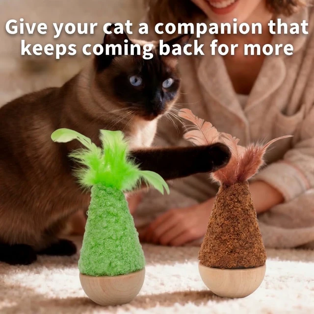 Alt view image 2 of 7 - 2 Pack Cat Feather Toys Wooden Tumbler - Interactive Wobble Self-Righting Plush Stuffed Toys for Indoor Cats & Kittens, Catnip Free Cute Kicker Chaser Set