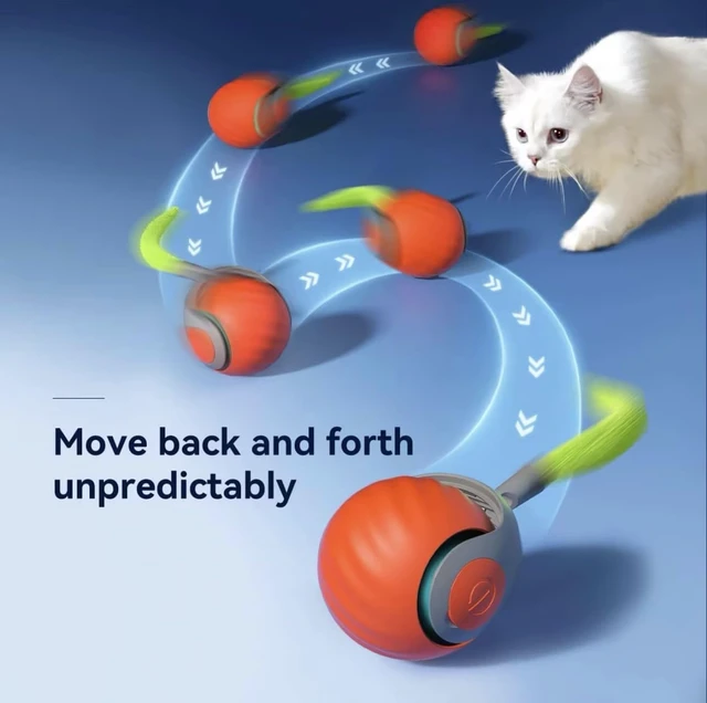 Alt view image 6 of 6 - Interactive Automatic Pet Ball Toy for Cats & Small Dogs USB-C Rechargeable, 3 Tails, 2 Speed Modes for Endless Play (Orange, Small)