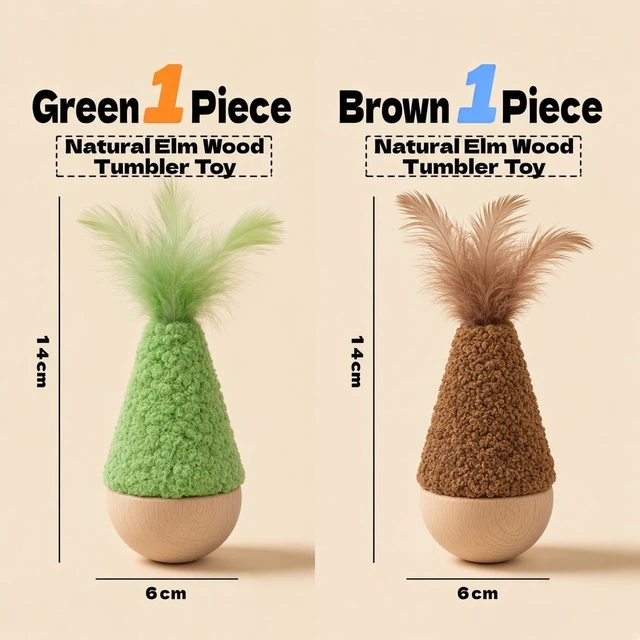 Alt view image 3 of 7 - 2 Pack Cat Feather Toys Wooden Tumbler - Interactive Wobble Self-Righting Plush Stuffed Toys for Indoor Cats & Kittens, Catnip Free Cute Kicker Chaser Set