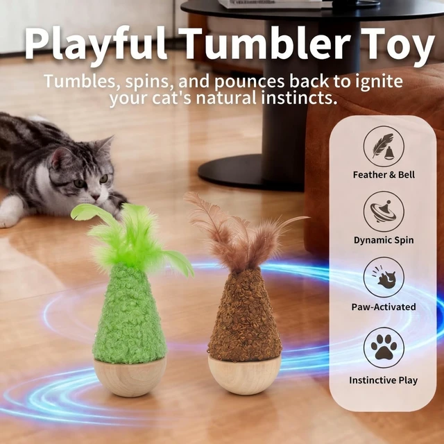 Alt view image 6 of 7 - 2 Pack Cat Feather Toys Wooden Tumbler - Interactive Wobble Self-Righting Plush Stuffed Toys for Indoor Cats & Kittens, Catnip Free Cute Kicker Chaser Set