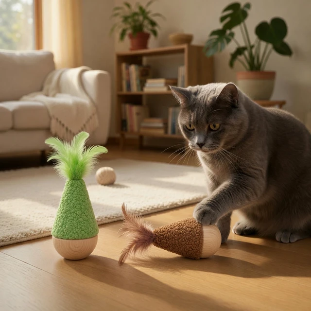 Alt view image 5 of 7 - 2 Pack Cat Feather Toys Wooden Tumbler - Interactive Wobble Self-Righting Plush Stuffed Toys for Indoor Cats & Kittens, Catnip Free Cute Kicker Chaser Set