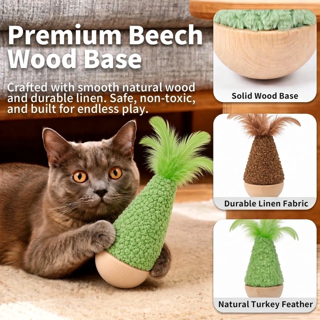 Alt view image 4 of 7 - 2 Pack Cat Feather Toys Wooden Tumbler - Interactive Wobble Self-Righting Plush Stuffed Toys for Indoor Cats & Kittens, Catnip Free Cute Kicker Chaser Set