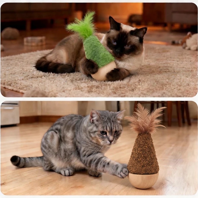 Alt view image 7 of 7 - 2 Pack Cat Feather Toys Wooden Tumbler - Interactive Wobble Self-Righting Plush Stuffed Toys for Indoor Cats & Kittens, Catnip Free Cute Kicker Chaser Set