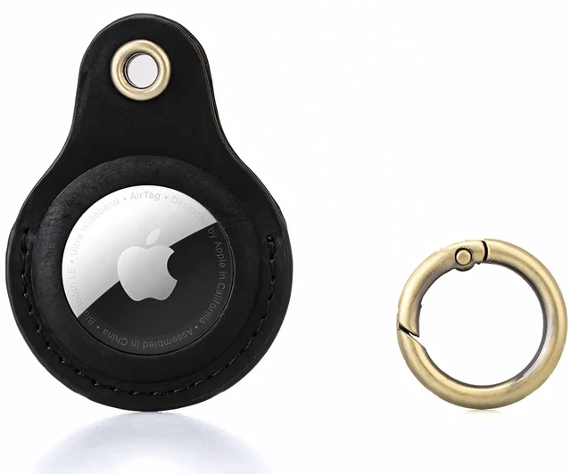 Alt view image 5 of 7 - Genuine Leather AirTag Keychain Holder Compatible with Apple AirTags Keyring, Anti Lost Secure Key Ring Case for Pet Collar Luggage Suitcase Tracking Travel, Protective Air Tag Key Chain Cover, Black