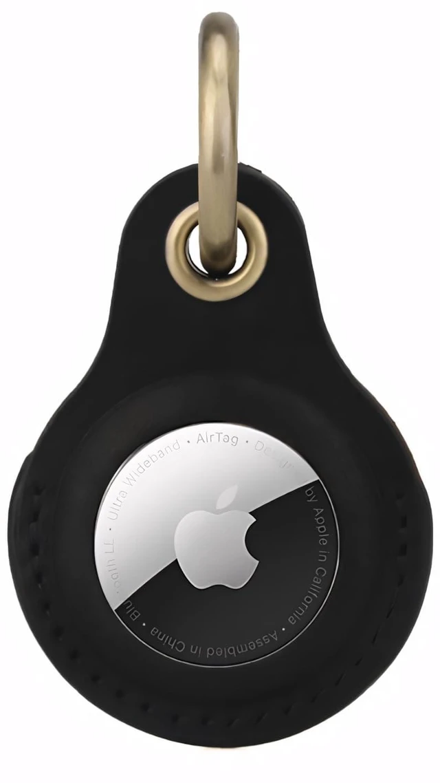 Alt view image 7 of 7 - Genuine Leather AirTag Keychain Holder Compatible with Apple AirTags Keyring, Anti Lost Secure Key Ring Case for Pet Collar Luggage Suitcase Tracking Travel, Protective Air Tag Key Chain Cover, Black