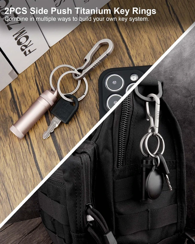 Alt view image 2 of 7 - Titanium Key Rings Heavy Duty Side Push Easy Open Split Keychain Rings | No Nail Damage, Ultra Lightweight Dog Tag Ring, Bulk Keyrings for Car Keys, Hypoallergenic, Never Rusty, EDC Gift for Men