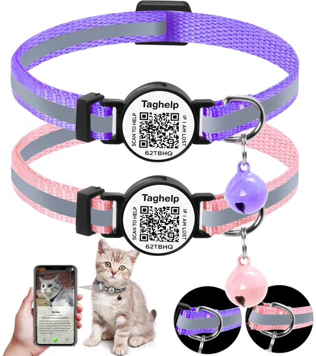Main image of 2 Pack Breakaway Cat Collar with QR Code & Bell, Reflective Safety Collar with Never-Lost Digital ID Tag, Adjustable 7.5-12.5 Inch for Indoor Outdoor Cats (Purple & Pink)