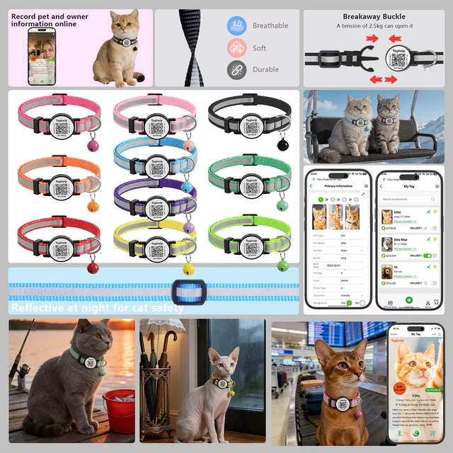 Alt view image 2 of 7 - 2 Pack Breakaway Cat Collar with QR Code & Bell, Reflective Safety Collar with Never-Lost Digital ID Tag, Adjustable 7.5-12.5 Inch for Indoor Outdoor Cats (Purple & Pink)