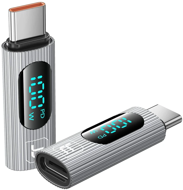 Main image of 2Pack 100W USB C Female to Male Extension Adapter - Type C Power Meter Tester with Digital Display for iPad Pro, iPhone 15 Pro Max, MacBook Pro Laptop