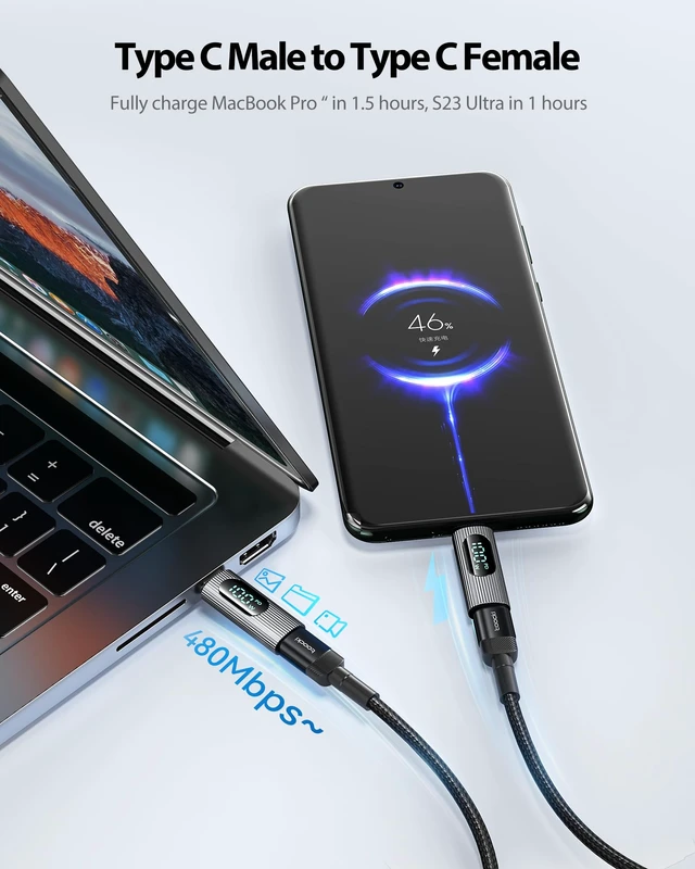 Alt view image 7 of 7 - 2Pack 100W USB C Female to Male Extension Adapter - Type C Power Meter Tester with Digital Display for iPad Pro, iPhone 15 Pro Max, MacBook Pro Laptop